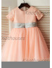 Short Sleeves Blush Pink Sequin Tulle Knee Length Flower Girl Dress 